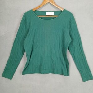 Partners Sweater Womens Medium Green Cotton Ribbed Knit Classic Round Neck